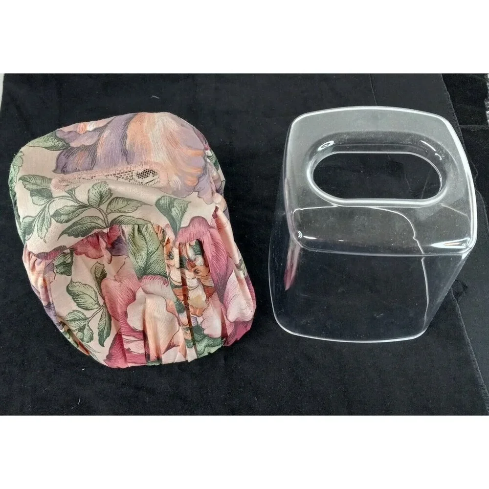 Tissue Box Cover 2 Piece Cloth Floral Cover Over Clear Plastic 5.5